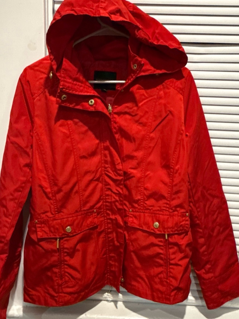 Weatherproof Red Hooded Utility Jacket with Snap Flap Pockets